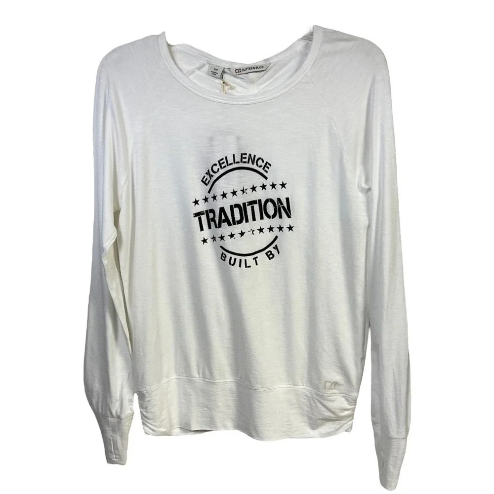 Cutter & Buck Knit Top S White Graphic Long Sleeve Athleisure Sporty Comfort NEW - Picture 2 of 13